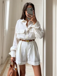 Vintage-Style Summer Outfit With Sheer Bamboo-Textured Fabric, Elegant Beach Casual Women's Set, Women's Holiday White Shirt Paired With Shorts - White - View 1