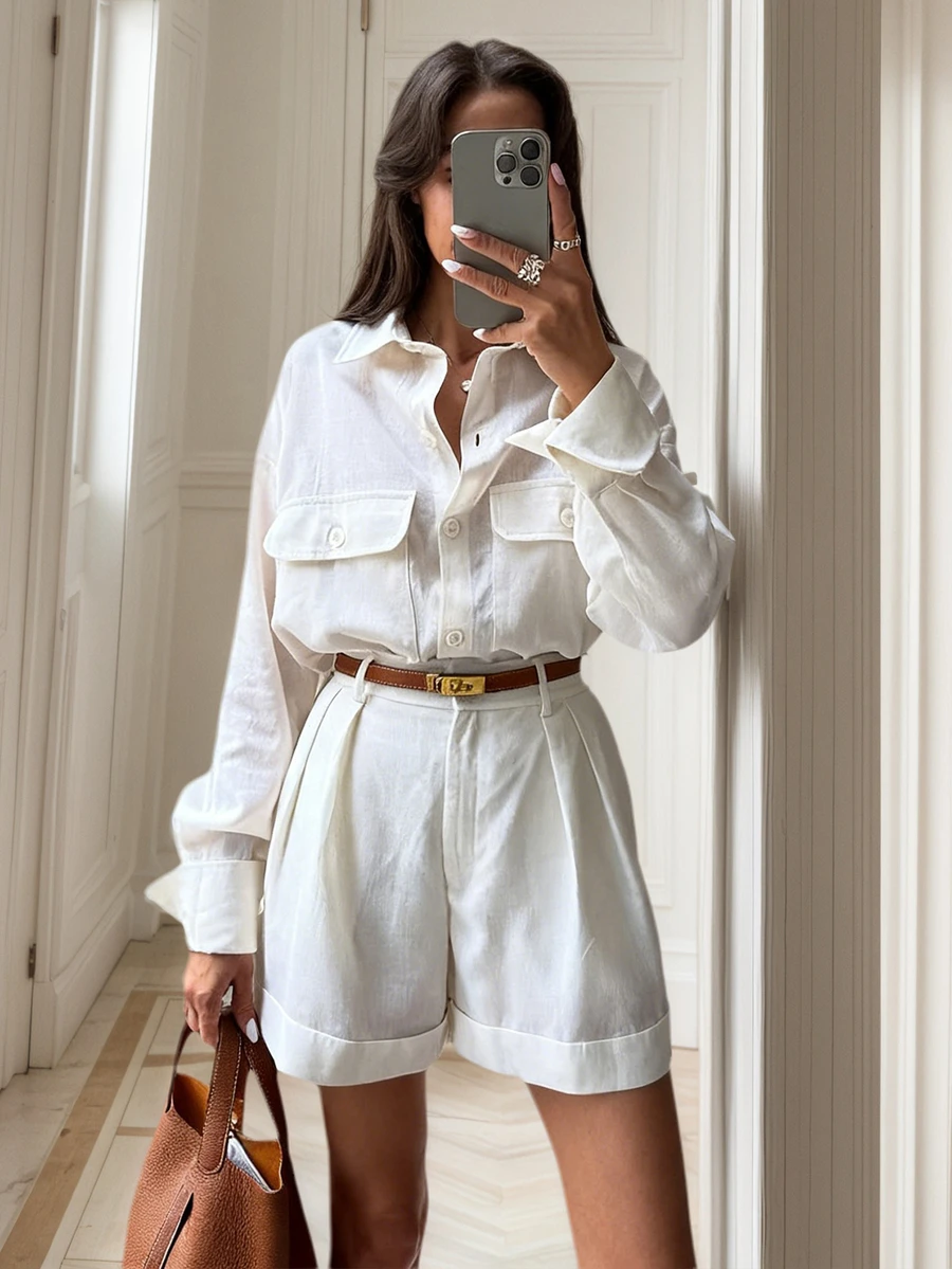 Vintage-Style Summer Outfit With Sheer Bamboo-Textured Fabric, Elegant Beach Casual Women's Set, Women's Holiday White Shirt Paired With Shorts - White - View 1