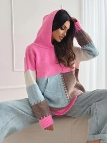 Áo len có mũ phối màu tương phản cỡ lớn, thoải mái và ấm áp cho mùa thu/đông, dễ dàng tạo nên phong cách thường ngày bắt mắt. - Hồng - Xem 1