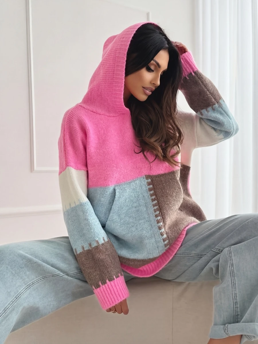 Áo len có mũ phối màu tương phản cỡ lớn, thoải mái và ấm áp cho mùa thu/đông, dễ dàng tạo nên phong cách thường ngày bắt mắt. - Hồng - Xem 1