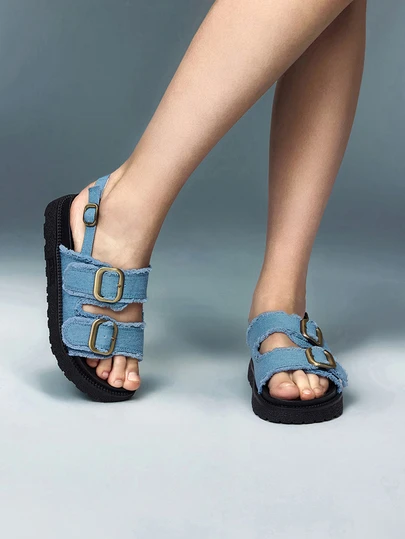 DareSee 女士时尚蓝色凉鞋，搭扣装饰厚底露跟凉鞋，适合音乐节、Y2K音乐节、返校季、秋冬季节等场合，也是音乐节的理想礼物。
