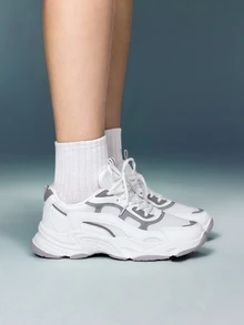 DareSee 女款圓頭繫帶拼接色網布透氣舒適時尚休閒厚底運動鞋，百搭白色女鞋，適合音樂節、Y2KFest、秋冬禮物、萬聖節 - 白色 - 查看 2