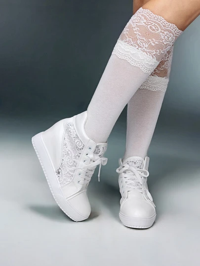 DareSee Women's Mesh High-Top Shoes With Hidden Height Increase, White, Spring & Autumn Casual Lace-Up Sneakers With Round Toe Music-Fest Y2K-Fest Back To School Autumn Winter Gifts