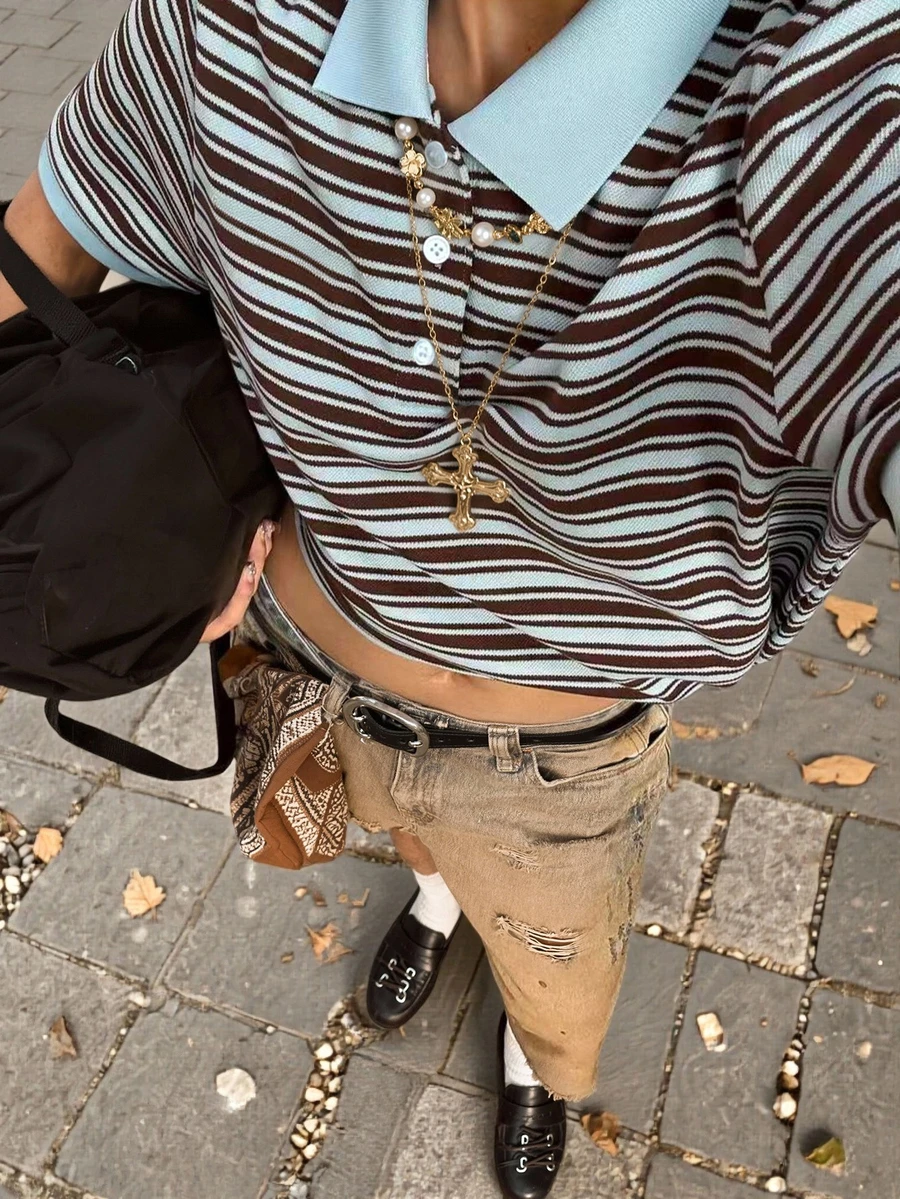 2026 Spring/Summer New Women's Light Blue And Cocoa Brown Striped Turtleneck Short Sleeve Knit Sweater, Classic Stripe Combination, Retro Collegiate Style - Multicolor - View 1