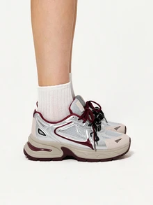 DareSee 2025春夏新款韩版情侣厚底运动鞋女运动跑步鞋休闲厚底运动鞋酒红色时尚女鞋银红舒适时尚跑步鞋女士户外鞋透气网眼面料