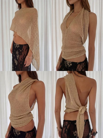 2026 Spring/Summer New Women's Khaki Beach Coverup Knit Shawl Cover Up, Asymmetrical Drape Design Suitable For Off-Shoulder Look, Shawl Can Naturally Slip Down/Loosely Cover Shoulders, Casual Ribbed Knit Fabric Breathable & Skin-Friendly, Suitable For Spring/Summer Beach Vacation, Cafe Leisure, Picnic With Friends, Combining Relaxed Vibe And Seasonal Adaptability In A Versatile Style.