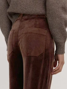 1pc Women Solid Color Corduroy Pocket Button Zipper Slim Fit Pants, Suitable For School, Vacation, Spring/Autumn/Winter - 摩卡棕 - 查看 2