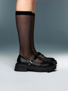 DareSee 2025秋冬新款女士时尚厚底乐福鞋，仿皮法式/英式玛丽珍鞋，情人节心形设计，金属扣平底鞋，复古圆头乐福鞋，新款黑色学院/商务休闲办公平底鞋，优雅女士音乐节高跟鞋 - 黑色 - 查看 2