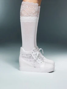 DareSee 女士网面高帮鞋，隐藏式增高设计，白色，春秋季休闲系带圆头运动鞋，适合音乐节、Y2K 复古风、返校季、秋冬季节等场合，是音乐节的理想礼物。 - 白色 - 查看 2