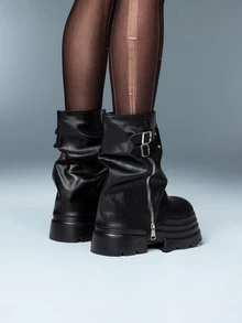 DareSee 朋克风10厘米厚底筒靴，2025新款女士黑色短靴，小码增高筒靴，英伦风圣诞节冬季圣诞礼物