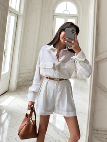 Vintage-Style Summer Outfit With Sheer Bamboo-Textured Fabric, Elegant Beach Casual Women's Set, Women's Holiday White Shirt Paired With Shorts - White - View 2