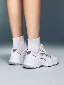 DareSee 女款圓頭繫帶拼接色網布透氣舒適時尚休閒厚底運動鞋，百搭白色女鞋，適合音樂節、Y2KFest、秋冬禮物、萬聖節 - 白色 - 查看 3