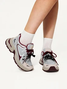 DareSee 2025春夏新款韩版情侣厚底运动鞋女运动跑步鞋休闲厚底运动鞋酒红色时尚女鞋银红舒适时尚跑步鞋女士户外鞋透气网眼面料