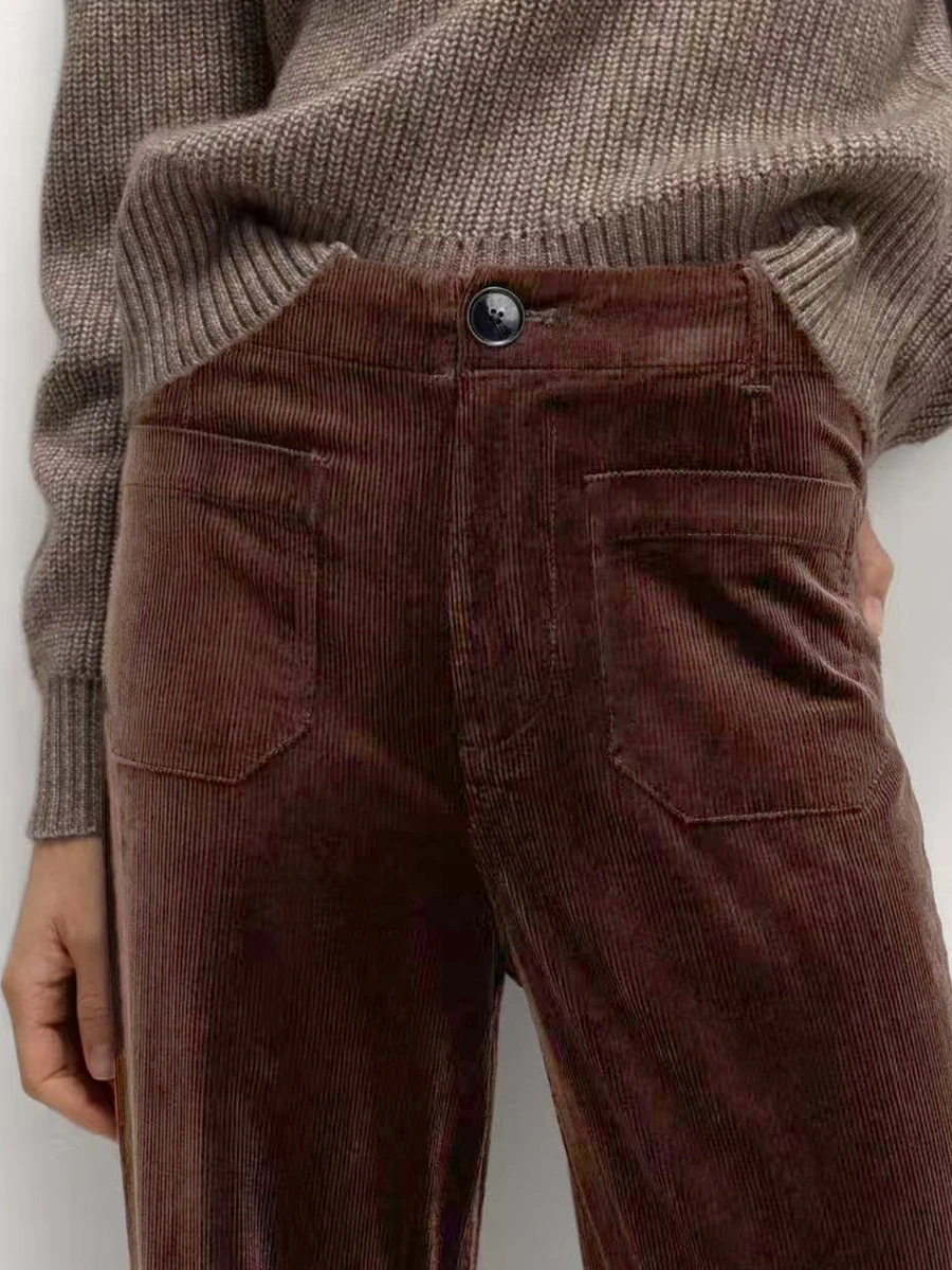 1pc Women Solid Color Corduroy Pocket Button Zipper Slim Fit Pants, Suitable For School, Vacation, Spring/Autumn/Winter - 摩卡棕 - 查看 1
