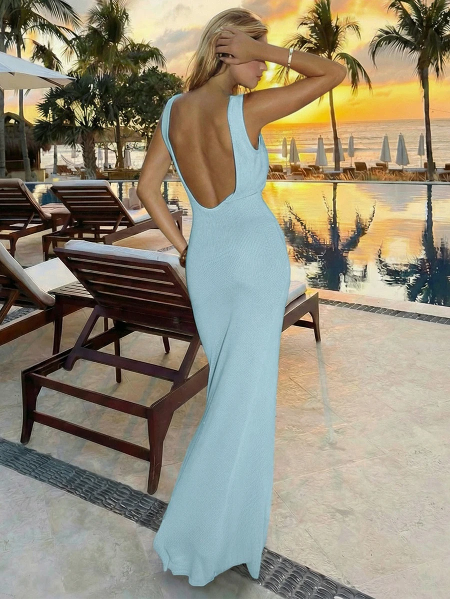 女士性感露背纯色连衣裙，无袖修身透视时尚罩衫，夏季 - 淺藍色 - 查看 1
