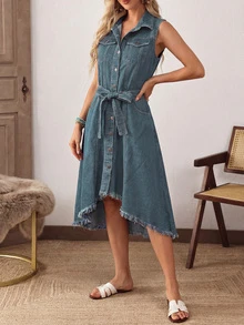 复古水洗不对称下摆前扣无袖牛仔连衣裙，适合办公室通勤穿着，欧美风格 - 中等水洗藍 - 查看 4