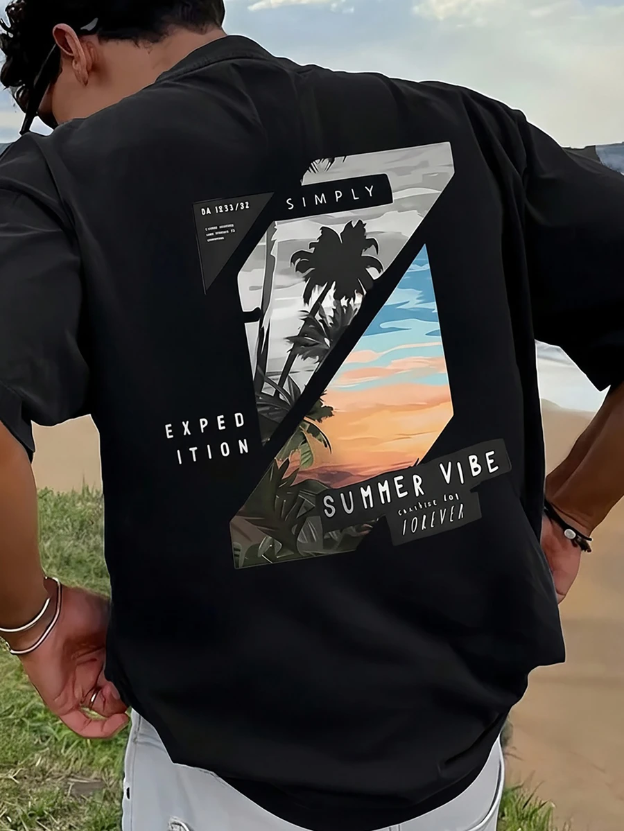 1 Áo thun nam in hình, thích hợp mặc đi biển mùa hè, dáng rộng tay ngắn. Áo thun nam này có thiết kế giản dị, phong cách nghỉ dưỡng, rất phù hợp cho những chuyến đi biển cũng như mặc hàng ngày. - màu đen - Xem 1