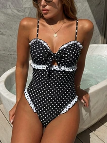 Sexy Fashion Black & White Polka Dot Print Ruffled One-Piece Swimsuit - Bowknot Hollow-Out + Multi-Layer Ruffle Design | High-Waisted Triangle Bottoms | Must-Have Swimwear For Pool & Vacation - Black and White - View 1