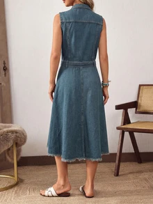 复古水洗不对称下摆前扣无袖牛仔连衣裙，适合办公室通勤穿着，欧美风格 - 中等水洗藍 - 查看 2