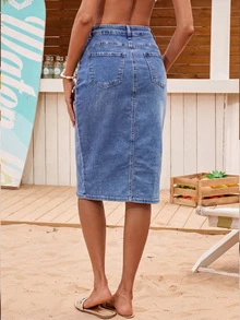 高腰弹力水洗牛仔半身裙，前开衩纽扣修身中长牛仔裙 - 中等水洗藍 - 查看 2