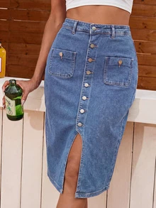 高腰弹力水洗牛仔半身裙，前开衩纽扣修身中长牛仔裙 - 中等水洗藍 - 查看 3