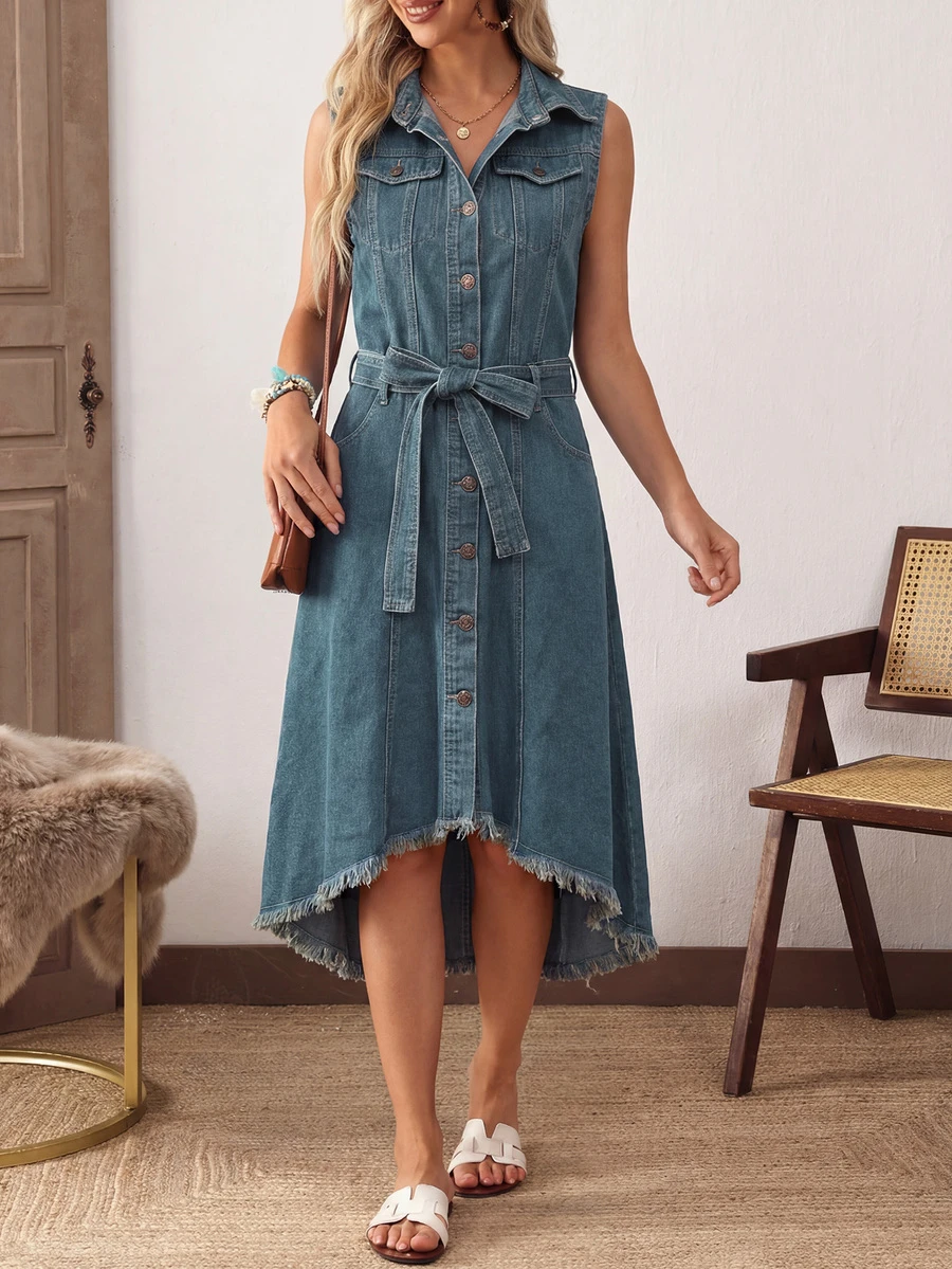 复古水洗不对称下摆前扣无袖牛仔连衣裙，适合办公室通勤穿着，欧美风格 - 中等水洗藍 - 查看 1