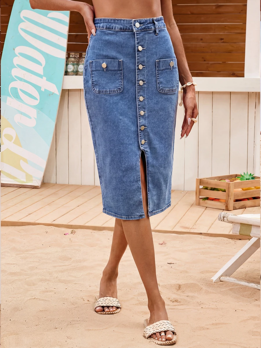 高腰弹力水洗牛仔半身裙，前开衩纽扣修身中长牛仔裙 - 中等水洗藍 - 查看 1