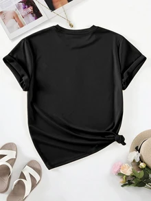 Women's Floral Print Short Sleeve Round Neck Casual T-Shirt, Business Casual, Regular Length, Suitable For All Seasons, Teacher Wear - Black - View 2