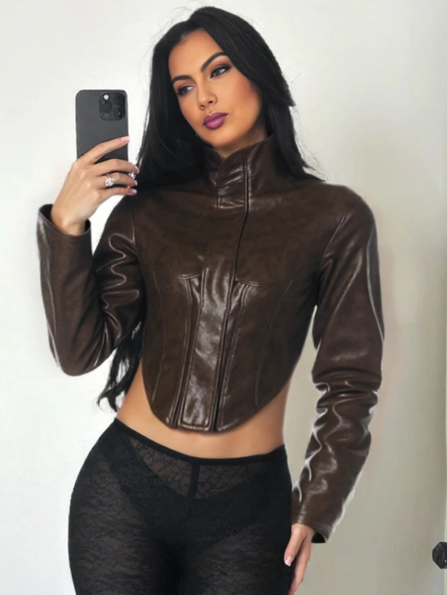 New Slim Fit Casual High Collar Solid Color Zipper Short PU Leather Motorcycle Jacket, Women's Fashion 2026 Street Style Outerwear, Essential For New Year, Spring, Valentine's Day - Coffee Brown - View 1