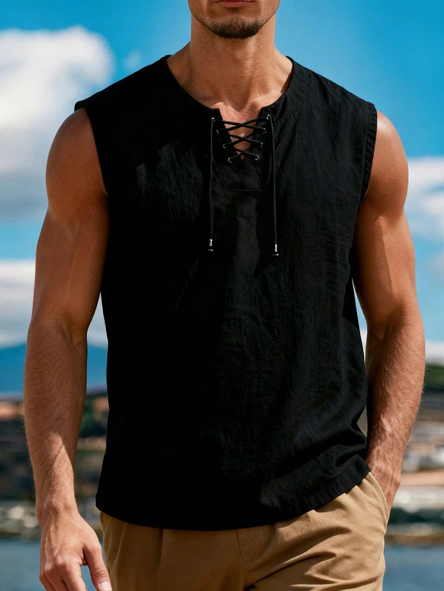 Men's Summer Linen V-Neck Tie Loose Casual Tank Top - Black - View 1