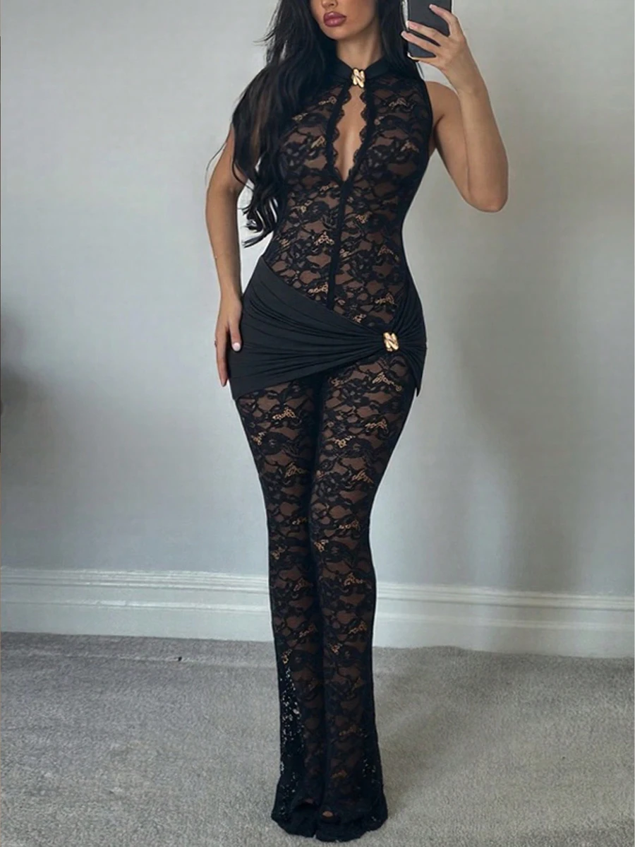 Bộ jumpsuit không tay phối ren mới, gợi cảm, cạp cao, dáng suông, dành cho nữ, màu đen, thanh lịch, thích hợp cho mùa hè. - màu đen - Xem 1