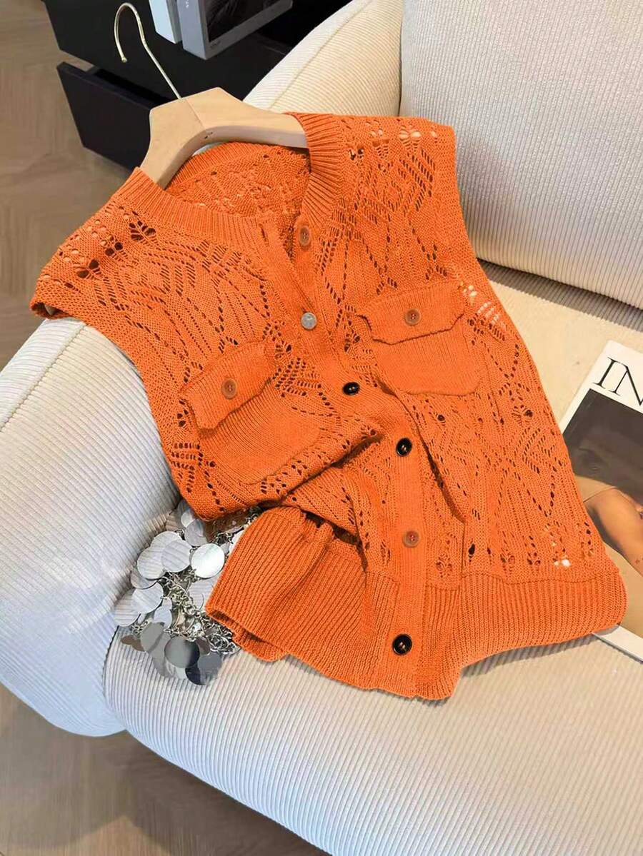 Women's Fashionable Hollow-Out Knit Vest, Orange Round Neck, With Fake Pockets And Button Decor, Regular Length, Semi-Sheer Fabric Summer - Orange-red - View 1