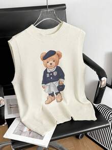 女士圆领小熊印花无袖背心，时尚休闲百搭，日常、旅行、街头风、度假必备 - 奶油色 - 查看 2