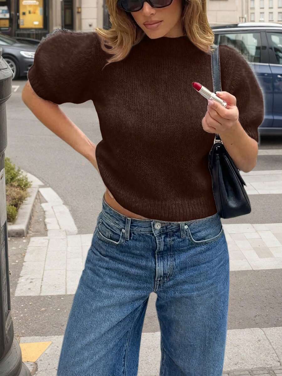 Áo len nữ tay ngắn cổ tròn mùa xuân/hè, áo len nữ dáng rộng thoải mái đi làm, áo len màu trơn thanh lịch đa năng mặc hàng ngày.