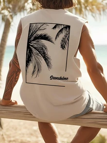 1pc Men's Summer Casual Coconut Tree & English Print Round Neck Tank Top - Apricot - View 1