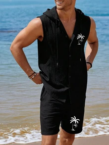 Men's Printed Casual Linen Hooded Top And Linen Casual Shorts Set | Exquisite Design | Summer Essential | Fashionable Matching, Showcasing Your Style - Black - View 1