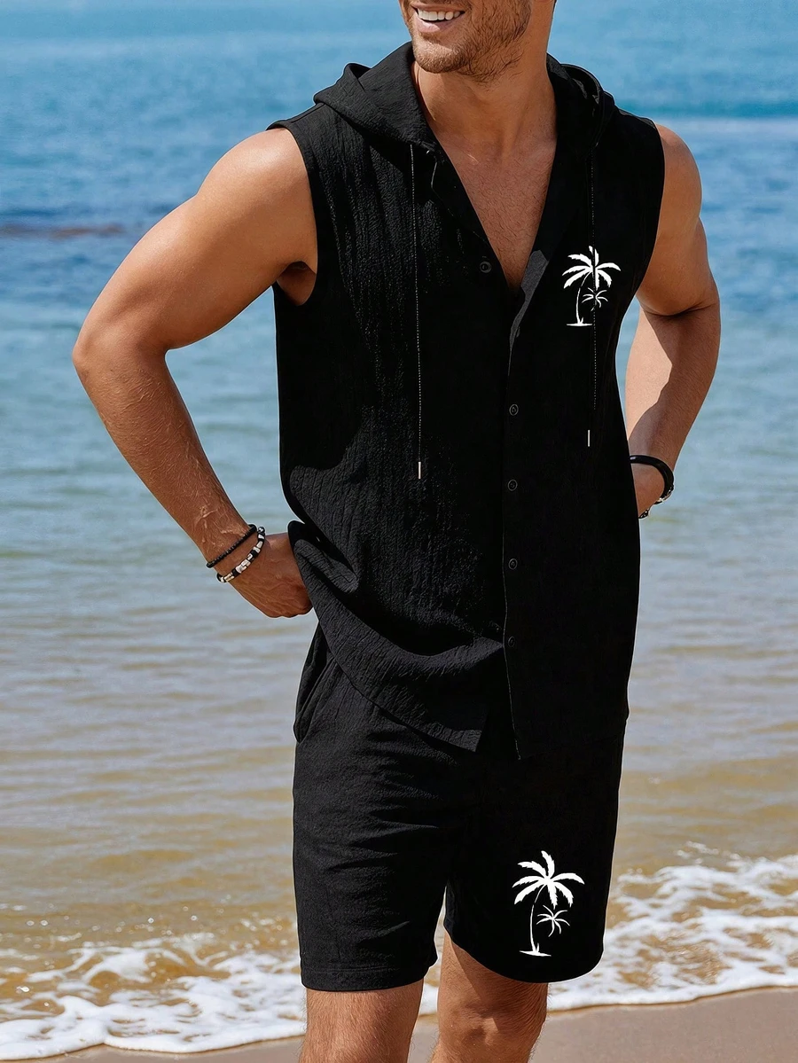 Men's Printed Casual Linen Hooded Top And Linen Casual Shorts Set | Exquisite Design | Summer Essential | Fashionable Matching, Showcasing Your Style - Black - View 1
