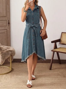 复古水洗不对称下摆前扣无袖牛仔连衣裙，适合办公室通勤穿着，欧美风格 - 中等水洗藍 - 查看 3
