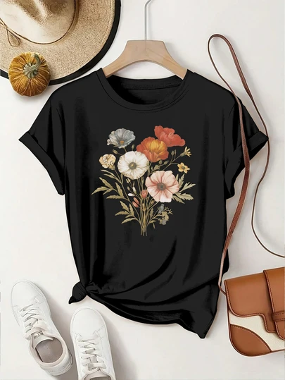 Damtröja med blommönster, kortärmad, rund hals, casual, business casual, normal längd, lämplig för alla årstider, lärarkläder