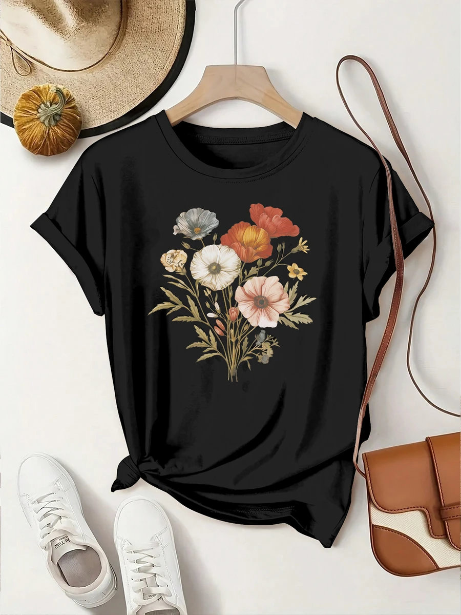 Women's Floral Print Short Sleeve Round Neck Casual T-Shirt, Business Casual, Regular Length, Suitable For All Seasons, Teacher Wear - Black - View 1
