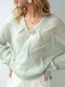 Mint Green V-Neck Hollow-Out Mohair Knit Sweater, Soft Textured Loose Fit Top - Mint Green - View 1