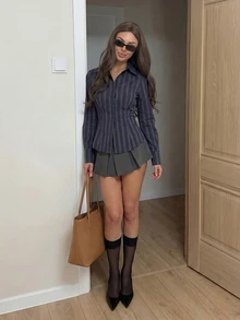Áo croptop gợi cảm, áo sơ mi dài tay cài cúc kẻ sọc dễ thương và thanh lịch dành cho nữ, thích hợp cho mùa xuân/hè, ngày lễ tình nhân. - Màu xanh nước biển - Xem 3