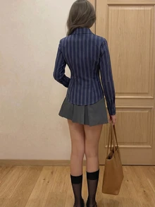 Áo croptop gợi cảm, áo sơ mi dài tay cài cúc kẻ sọc dễ thương và thanh lịch dành cho nữ, thích hợp cho mùa xuân/hè, ngày lễ tình nhân. - Màu xanh nước biển - Xem 4