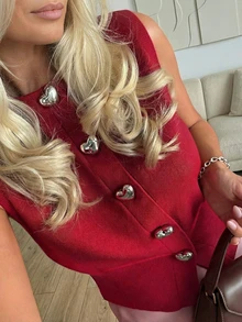 Women's New Front Button Closure Casual/Holiday Sleeveless Knit Top - Red - View 3