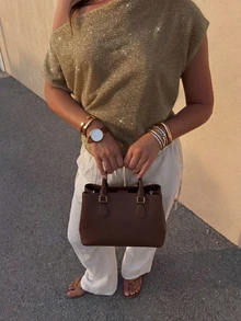 SEREN Summer New Oblique Shoulder Women Knit Sweater, Sexy Asymmetrical Shoulder, Casual, Vacation, Retro, Lightweight, Slightly Sheer, Loose, Short Sleeve Top, Cropped, Summer Women Knit Sweater, Glossy Top, Summer Vacation Beach Outfit, Music Festival Travel Season - Gold - View 2