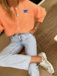 2025秋冬新款时尚休闲百搭慵懒街头极简风针织纽扣开衫外套基础款上衣，适合圣诞节、新年、秋季、返校季、开学季等场合，含6%羊毛，适合端庄女性、派对女性、Y2K女性、外出上衣、音乐会女性、约会女性、休闲、新年、女士冬季服装、沙特国庆节、时尚、乡村风格 - 橘色 - 查看 2