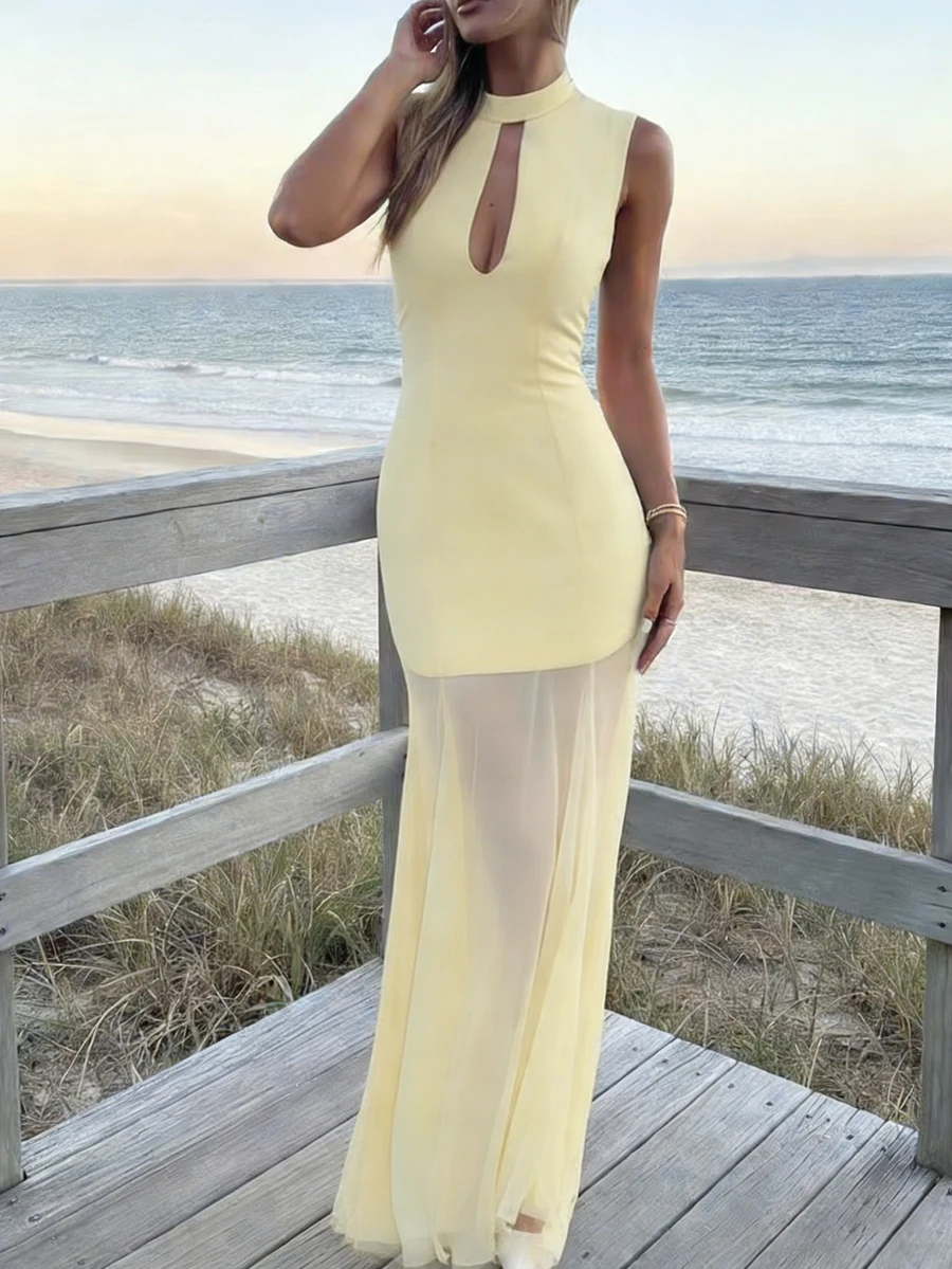 Damen elegantes, lässiges Urlaubskleid mit Mandarin-Kragen und schlanker Passform aus Chiffon