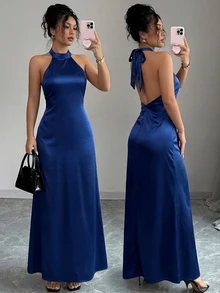 Vestido de satén ajustado con escote halter y espalda descubierta, elegante y romántico para fiesta y vacaciones - Azul - Ver 2