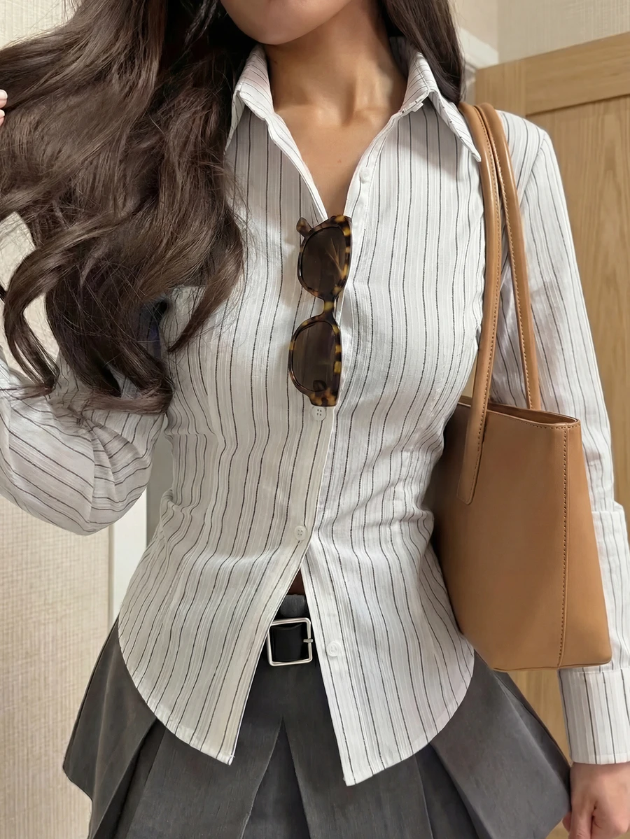 性感短款衬衫,纽扣长袖条纹可爱优雅休闲女式上衣,春夏假日/情人节白色 - 白色 - 查看 1
