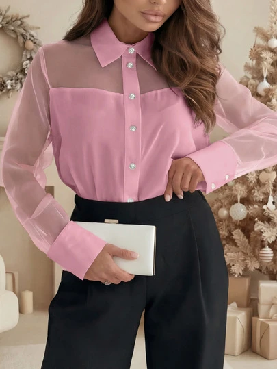 Sexy Sheer Patchwork Long Sleeve Solid Color Blouse For Women